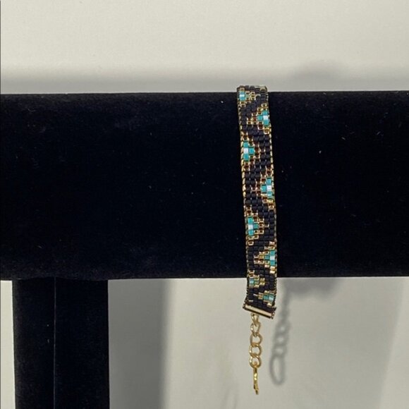Cute Handcrafted Loom-Beaded Bracelet with Turquoise ,Black and Gold Beads - Picture 3 of 9